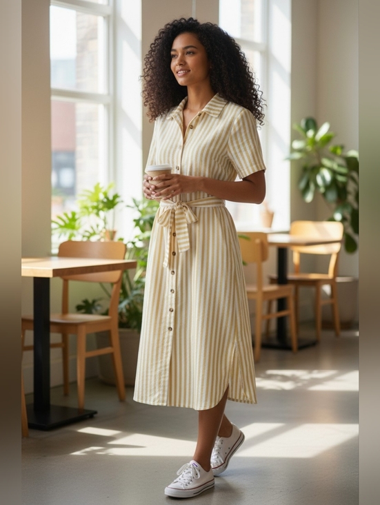 entro Dresses & Skirts - entro Cream and Beige Striped Button-Front Midi Dress Size S